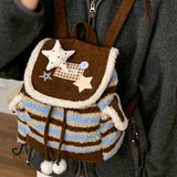 KYLETHOMASW  -  Patchwork Fur Striped Star Mini Backpack Preppy Women Kawaii Fluffy Students Schoolbags Y2k Harajuku Contrast Color Backpacks
