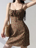 Kylethomasw Summer Vintage Floral Print Dresses Women Casual Strap Lace-up Beach Holiday Vestidos Female Backless Sleeveless Clothes