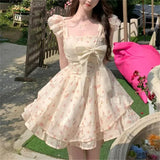 KYLETHOMASW  -  Women Summer Floral Print Ruffle Bow Sweet Sexy Fairy Mini Dress High Waist Sleeveless Slim Square Collar A Line Dresses Vestido