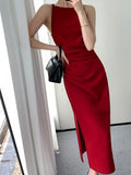 KIylethomasw Summer Korean Elegant Slim Red Sleeveless Midi Dress New Fashion Spaghetti Straps Bodycon Split Clothes Office Lady Vestidos