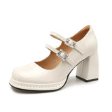 KYLETHOMASW  -  Shallow Mouth High Heel Leather Shoes Slip On Mary Jane Chunky Sandals Increasing Height Clogs for Women Lace-Up Navy Blue Pumps