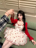KYLETHOMASW  -  French Sweet Camisole Dress Set Floral Waist Slimming A-line Puffy Short Dress Red Cardigan Summer Two Piece Sets Women Outfits