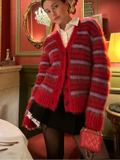 KYLETHOMASW  -  Striped Fuzzy Mohair V-Neck Knit Cardigan Oversize Button Front 2025 Autumn New Chic Casual Women Coat Fashion Cozy Lady Sweater