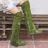 KYLETHOMASW  -  Fashion Bohemia Knee-length Women Boots Ethnic Personality High Boots Tassels Faux Suede Boots Girl Flat Bottom Long Botas Mujer
