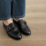 KYLETHOMASW  -  British Buckle Strap Mules Shoes Ladies Med-High Heels Slippers Slip On Derby Sliders Femmes Pantuflas PU Leather Loafers Woman