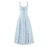 KYLETHOMASW  -  Women Lace Up Bandage Back Patchwork Plaid Dress Sexy Corset Style A-line Midi Casual Summer Dresses Sling Robe