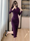 KIylethomasw Elegant Black Purple Pencil Blazer Dress France Notched Collar Long Sleeve Ruffles Slim Waist Office Formal Split Midi Vestidos