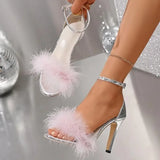 KYLETHOMASW  -  Luxury Brand Designer Faux Fur Strap Ankle Strap Sandals Women Super High Heels Sandals Fashion Long Plush Party Dress Shoes