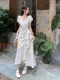 KYLETHOMASW  -  White V-neck Lace Up Short Sleeved Dress Women Summer New Lotus Leaf Edge Waist Cinching Slim Temperament Long Dresses