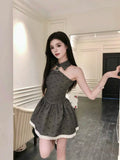 KYLETHOMASW  -  Bow Printed Halter Neck Dress Women's Summer Strapless Slim Fit A-line Short Dress Fashion Female Clothes