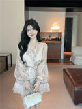 KYLETHOMASW  -  Beautiful Long-sleeved Floral Chiffon V-neck Shirt Dress for Women to Slim Down the Waist
