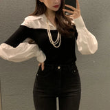 Kylethomasw Fake Two-piece Multi-button Casual Long-sleeved Shirt Women Autumn New Streetwear Polo Collar Contrast Color Patchwork Tops