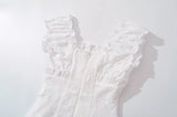 KYLETHOMASW  -  CHIC White Embroidery Lace Open Buttons Slash Shoulder Mini Dress Women Short Sleeve Slim Waist Dresses Holiday Robe Femme