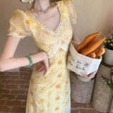 KYLETHOMASW  -  French Lace Patchwork Sweet Floral Dress Summer New Vintage Bubble Sleeve V-neck Waist Slimming Long Dress for Women