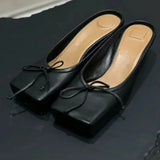 Kylethomasw Designer Mule Pumps Women Slippers Bow Square Toe Party Dress Shoes Women Red Elegant Sexy Luxury High Heels Sandals Women