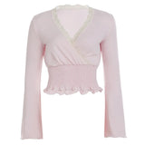 KYLETHOMASW  -  Y2k Summer V Neck Long Sleeve Solid Lace Patchwork Streetwear Slight Strech Women Clothing