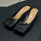Kylethomasw Designer Mule Pumps Women Slippers Bow Square Toe Party Dress Shoes Women Red Elegant Sexy Luxury High Heels Sandals Women