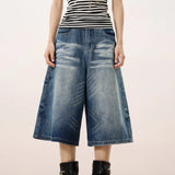 KYLETHOMASW  -  New Arrival Women Vintage Washed Cropped Denim Shorts High Waist Loose Wide Leg Summer Casual Streetwear Y2K Jeans