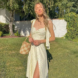 Kylethomasw Sundress Midi Slip Backless Pleated Slit White Yellow Lace-up Flowers  Ummer Spring Floral Dress Women's Sexy Casual Fashion