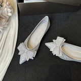 KYLETHOMASW  -  Spring Gold/Silver Bowknot Flats Women Sparkle Crystal Shoes Elegant Ladies Lace Bow Pointed Toe Ballets Female Moccasins