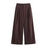 KYLETHOMASW  -  Summer French Coffee Color Pleated Wide-leg Pants Minimalist Embroidery Retro Casual Pants Women Elegant Trousers