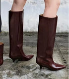 KYLETHOMASW  -  Burgundy Patent Leather High-Top Long Boots For Women Wine Red Pointed Toe Slip On Botas Largas De Mujer Kitten Low Heels Mature