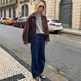 KYLETHOMASW  -  Fashion Lapel Collar Zipper Jacket Women's Casual Solid Suede Full Sleeve Coat 2025 Lady Autumn Chic High Street Outwear