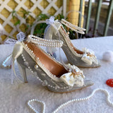 KYLETHOMASW  -  Original Handmade Lolita Shoes Flower Wedding Gorgeous High Heels Loli Sparkling Pearl Bow Princess Pumps Wedding Shoes Bride
