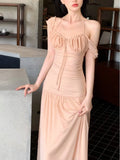 KYLETHOMASW  -  New Elegant Fashion Summer Pleats Dresses for Women Drawstring Evening Party Korean Pink Bodycon Female Clothing