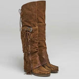 KYLETHOMASW  -  Fashion Bohemia Knee-length Women Boots Ethnic Personality High Boots Tassels Faux Suede Boots Girl Flat Bottom Long Botas Mujer