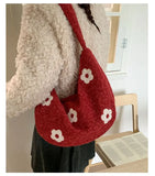 KYLETHOMASW  -  Korean Fluffy Sweet Floral Underarm Bag Y2k Lamb Wool Shopping Handbags Women New All Match Streetwear Travel Shoulder Bags