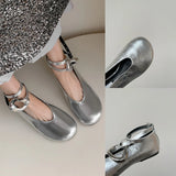 KIylethomasw 2024 Sandals Mary Jane Flats Dupe Luxury Silver Black Gold Big Size Ankle Strap Round Toe Ballerinas Women's Shoes