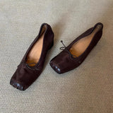 KYLETHOMASW  -  Square Toe wrinkled Mary Jane Shoes Soft Leather Round Heel Ballerina Shoes For Women Slip On with Bowknot French Retro Pumps