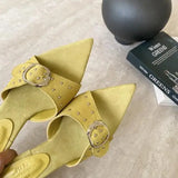 KYLETHOMASW  -  Shoes Woman 2025 Pointed Toe Slippers Summer Rivet Luxury Slides On A Wedge Low Flock Designer Rome Hoof Heels Fabric Rubber Fas