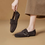 KYLETHOMASW  -  Genuine Leather Flats Women Luxury Metal Buckle-Decorated Women's Suede Loafers Light Comfortable Cow Suede Shoes for Women