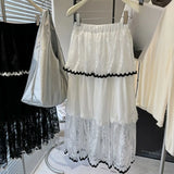 KYLETHOMASW  -  Spring Summer Lace Skirts Women Contrast Color Ruffles Sweet Jupe Femme Korean Fashion Retro Chic Long Skirt