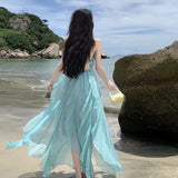 KYLETHOMASW  - Sky Blue Backless Halter Lace-up Long Dresses Women Spring Summer Off Shoulder Sexy Club 2024 Ruffles Vacation Pleated Sundress