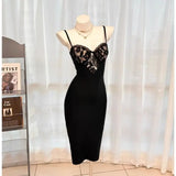 KYLETHOMASW  -  Women's Elegant Lace Patchwork Bodycon Midi Dress Spaghetti Strap V Bust Cocktail Party Dress