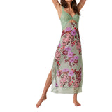 KYLETHOMASW  -  Women Long Bodycon Dress Floral Print Lace Patchwork Cutout V-Neck Sleeveless Dress Summer Slit Backless Party Dress