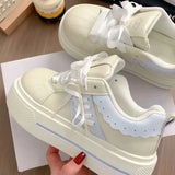 KYLETHOMASW  -  Women's Kawaii Ribbon Thick Heel Breathable White Sneakers Casual Running Shell Shoes Chunky Y2K Dad Style for Spring