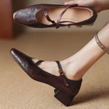 Kylethomasw   - Women's genuine leather square toe slip-on pumps 4cm thick low heel OL style elegant ladies narrow band cross strap slim shoes