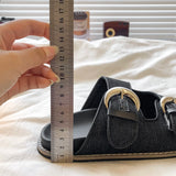 KYLETHOMASW  -  Black Soft Leather PU Flat Sandals Women Fashion Metal Buckle Slide Slippers Summer Light Non-Slip Beach Shoe Sandalias De Mujer