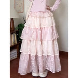 KYLETHOMASW  -  Princess Style Lace Tiered Pink Maxi Skirt Spring Summer Multi-Layer Ruffle A-Line Birthday Party Kawaii Long Skirts for Women