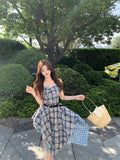 KYLETHOMASW  -  Korean Blue Plaid Camisole Dress Women's Summer Original Design Slim Paneled Irregular Dress Casual High-street Fashion Clothes