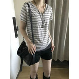 KYLETHOMASW  -  Women Y2K Retro Striped Hooded T Shirt V Neck Pocket Short Sleeve Slim Summer Tees