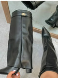 KYLETHOMASW  -  New Autumn and Winter New Pointed Metal Buckle Knee High Women's Boots, Thick High-heeled Pants Boots, Fashionable Mid Leg Boots