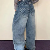 KYLETHOMASW  -  Women Vintage Blue Y2K Jeans American Retro Streetwear Pockets Star Print Design 2000s Grunge Harajuku Baggy Denim Pants