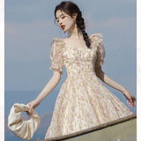 KYLETHOMASW  -  French Style Fairy Dresses for Women Print Ruffle Square Neck Elegant Dress Summer Female Puff Sleeve Flower Retro Vestidos Lady