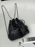 KYLETHOMASW  -  Harajuku Solid Color Chain Backpack Women Drawstring Studded Leather Large Capacity Backpack Ladies Fashion Y2k Mochilas Mujer