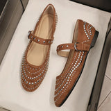 KYLETHOMASW  -  Retro Rivet Mary Jane Shoes Women Belt Buckle Shallow Round Toe Single Shoes Female Fashion Suede Elegant Dress Shoes Ladies